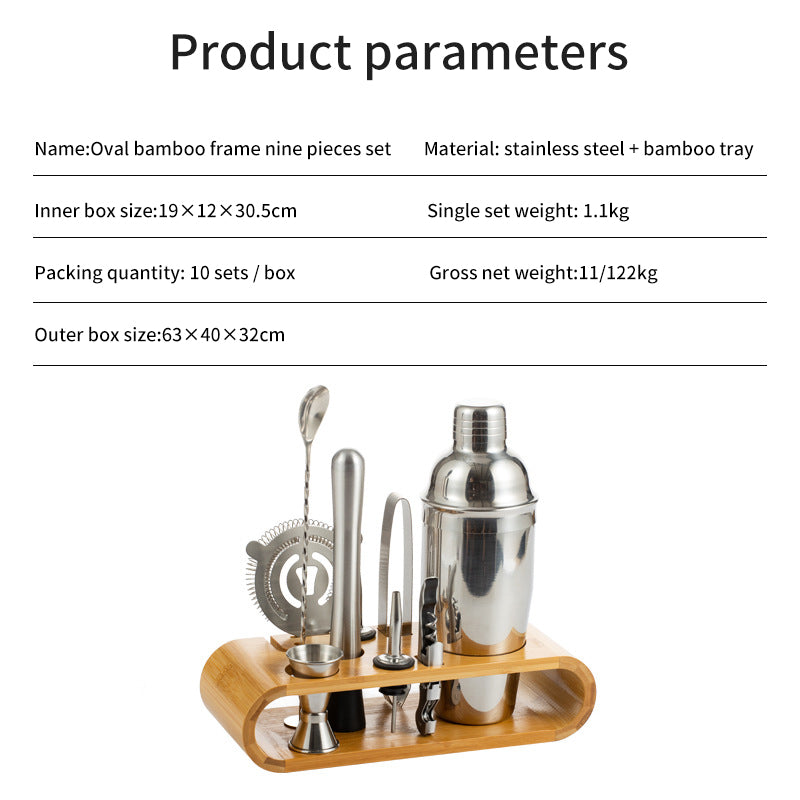 10PCS Stainless Steel Cocktail Shaker Cocktail Mixing Tool Set with Bamboo Base for Storage
