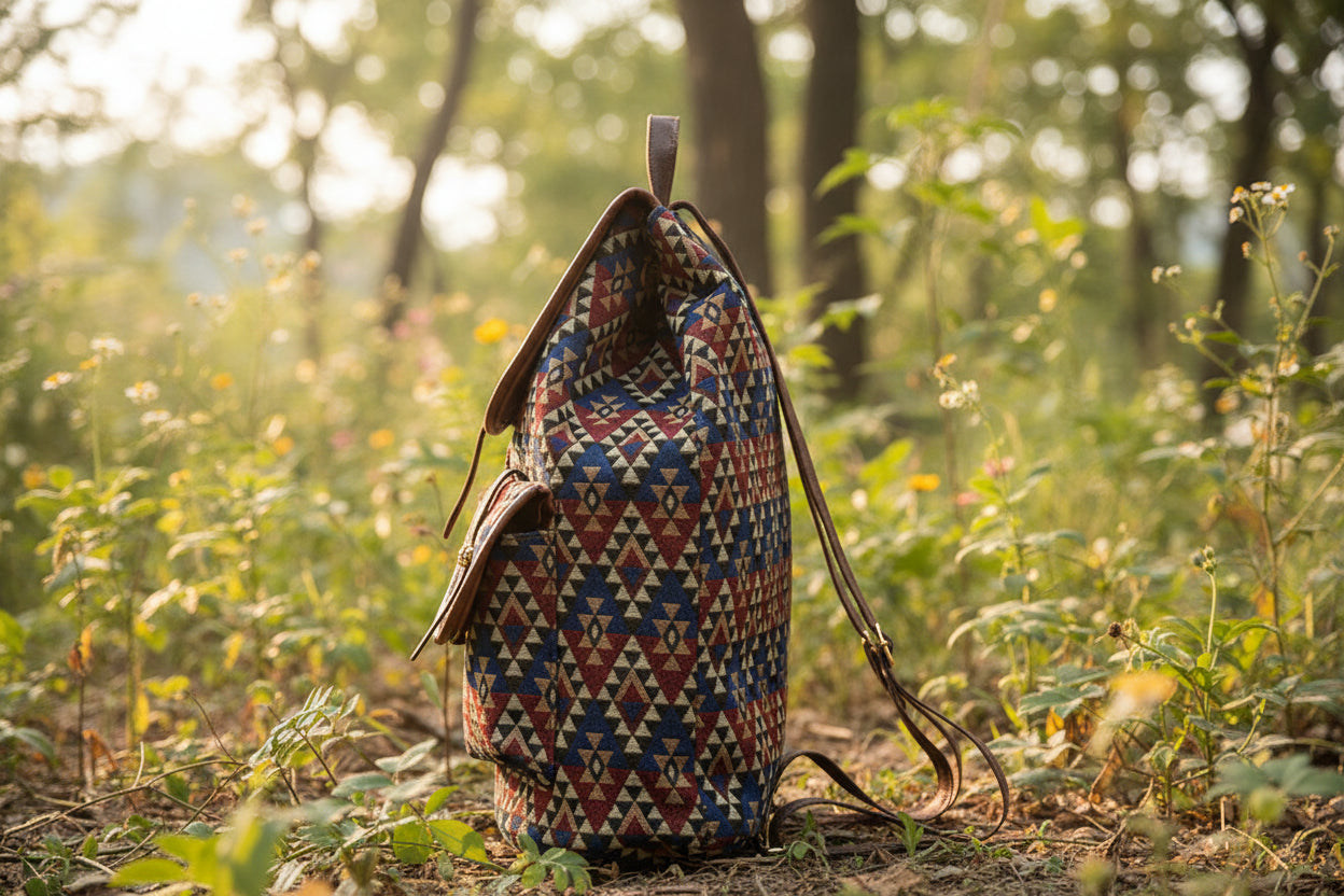 Ethnic Soul: Vintage Boho-Rucksack mit kunstvollem Webmuster & PU-Leder Details