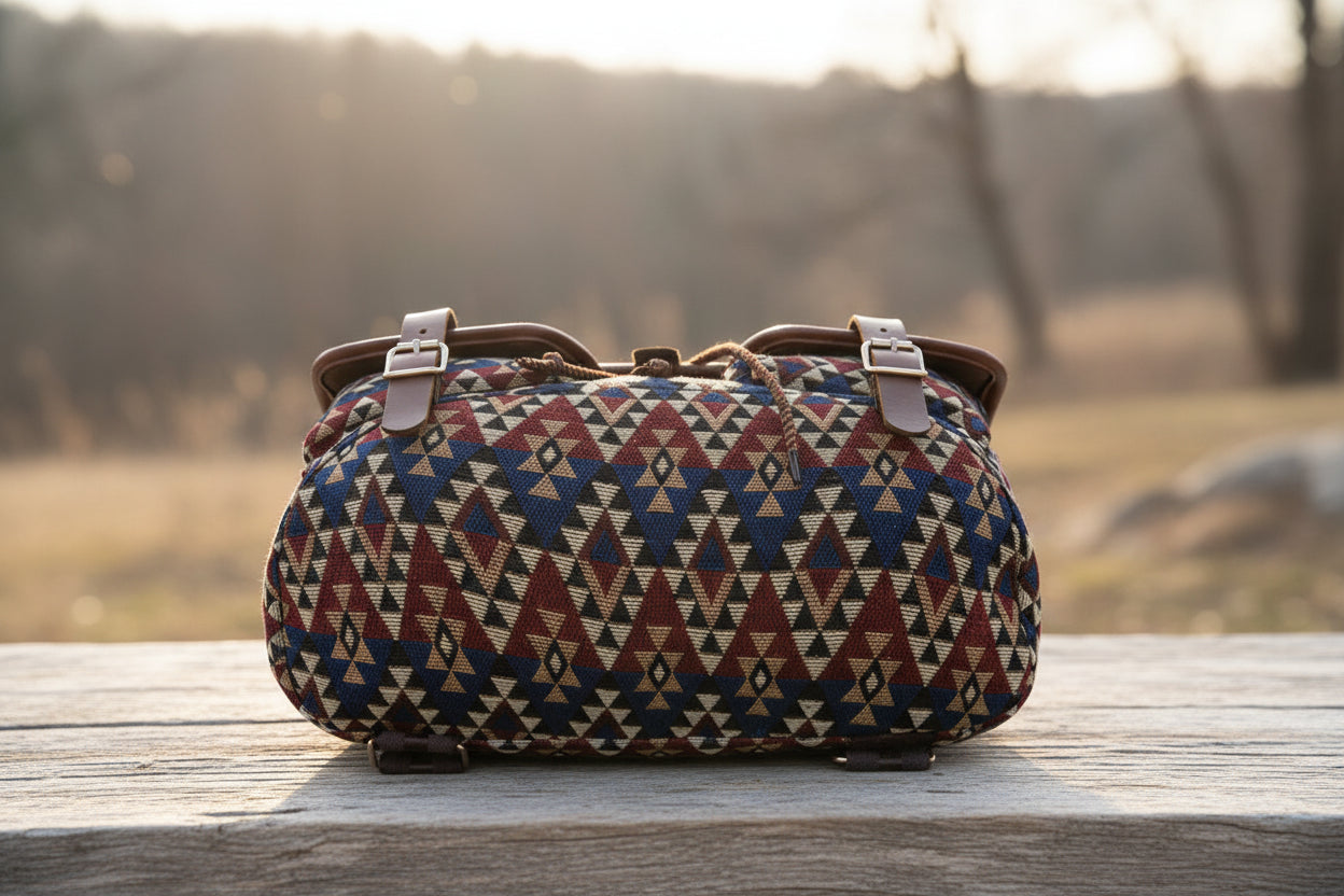 Ethnic Soul: Vintage Boho-Rucksack mit kunstvollem Webmuster & PU-Leder Details