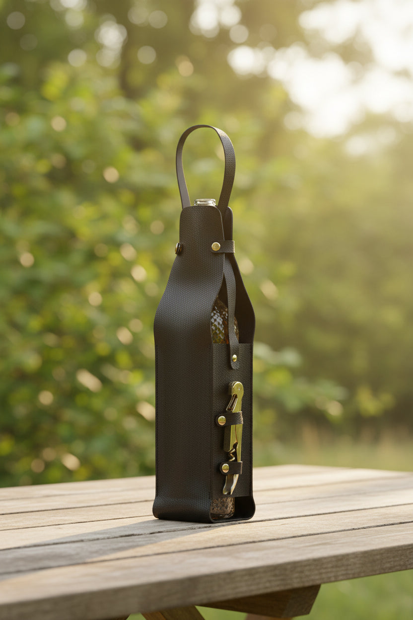 Edle Leder-Weintasche (35cm) – Tragbarer Flaschenhalter für Wein & Champagner für Picknick & Reise