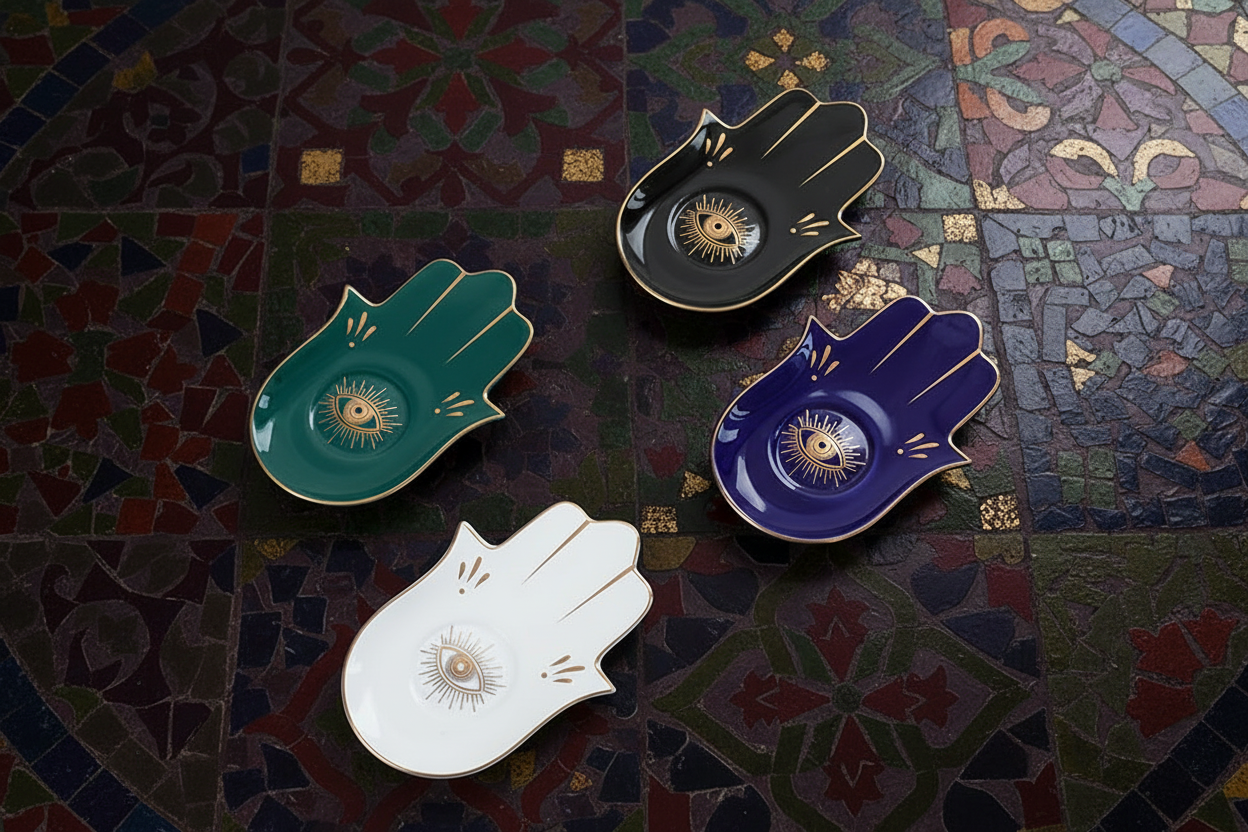 Hamsa Hand Dekoschale Schwarz & Gold – Schutzsymbol "Auge" als Schmuckablage für dein Boho-Home