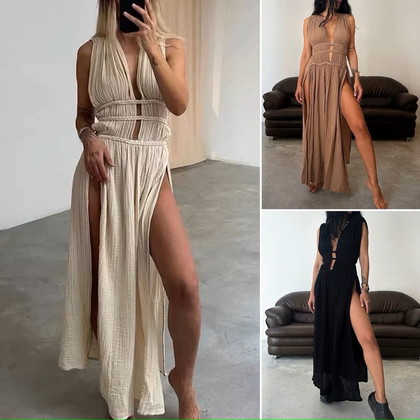 Boho-Chic: Elegantes Off-Shoulder Maxi-Kleid mit Geflochtenen Trägern für den Strand