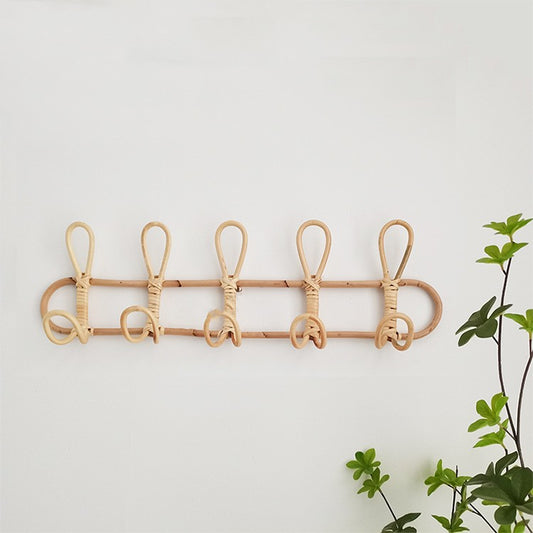 Vintage Rattan Garderobenhaken – Handgefertigter nordischer Wandhaken mit 3 oder 5 Haken