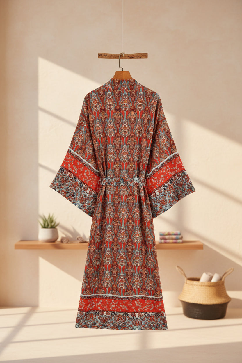 Earth Spirit: Ethno-Baumwoll-Kimono mit kunstvollem Print & Glockenärmeln