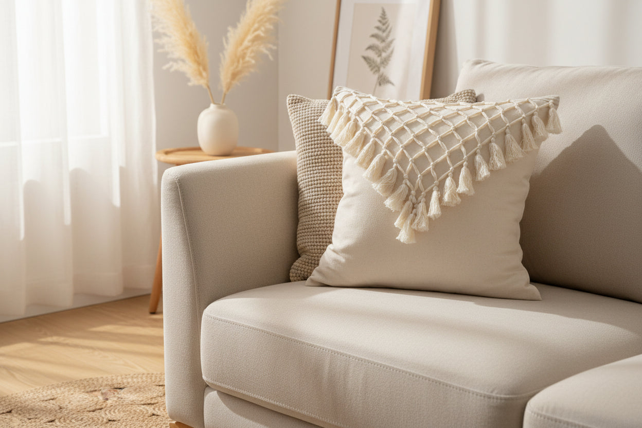 Creamy Texture – Boho-Kissenbezug mit Quasten-Details