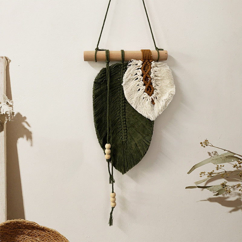 Makramee-Wandbehang „Duo-Blatt“ mit Holzperlen