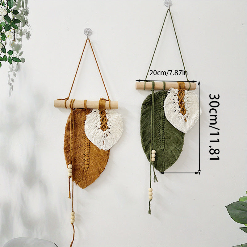 Makramee-Wandbehang „Duo-Blatt“ mit Holzperlen