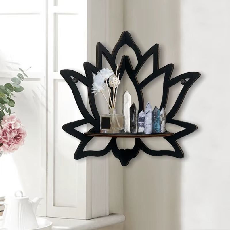 Wooden Lotus Hollow Decorative Rack – Wandregal für Aromatherapie, ätherische Öle & Kerzenhalter im Boho-Stil