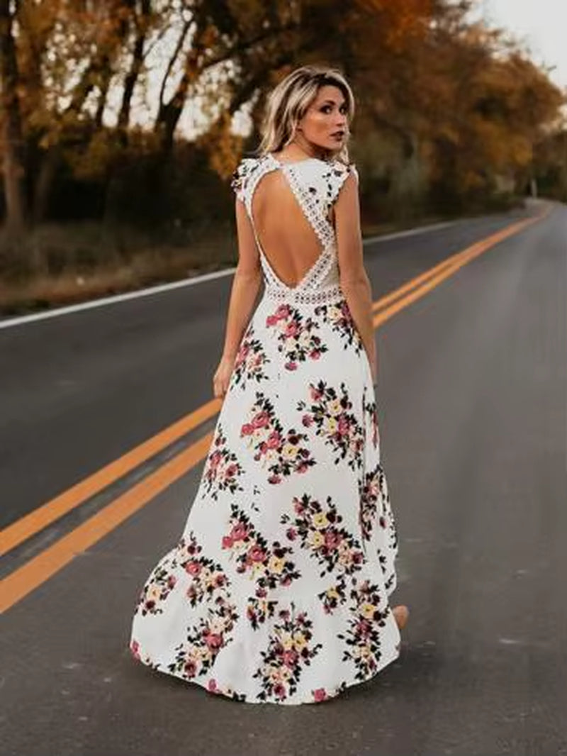 Elegantes Boho Maxi Kleid für den Sommer – Sexy Rückenausschnitt & Florales Design für Party und Strand