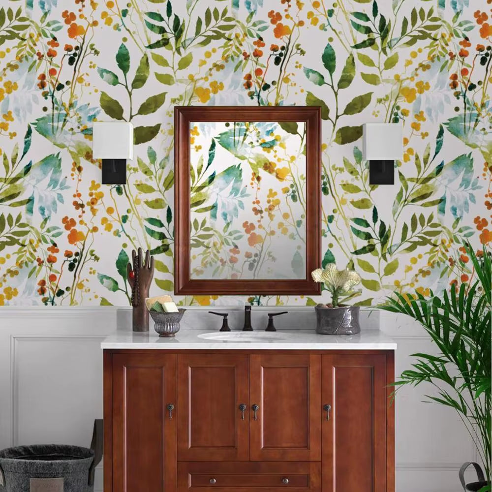 Handgezeichnete Boho Frühlings-Wasserfarben Tapete – Abstrakte Kräuter-Prints für Wohnzimmer und Schlafzimmer