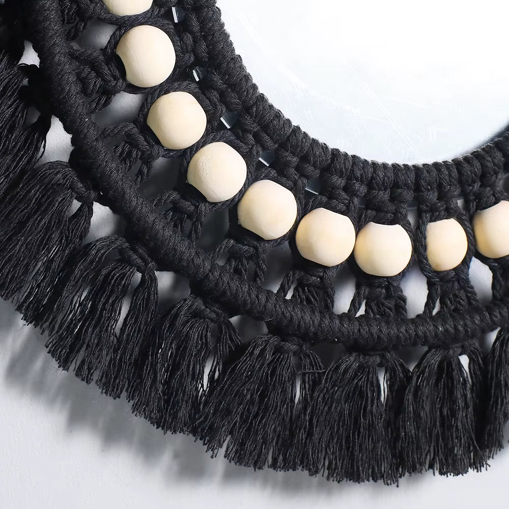 Schwarzer Makramee Spiegel mit Holzperlen – Boho Wanddekor für dein Zuhause 🌿✨