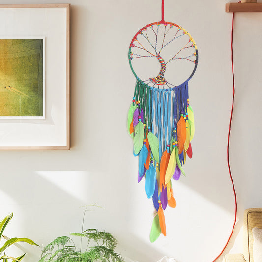 Spirit of Life: Handgeflochtener Lebensbaum-Wandbehang mit Federn