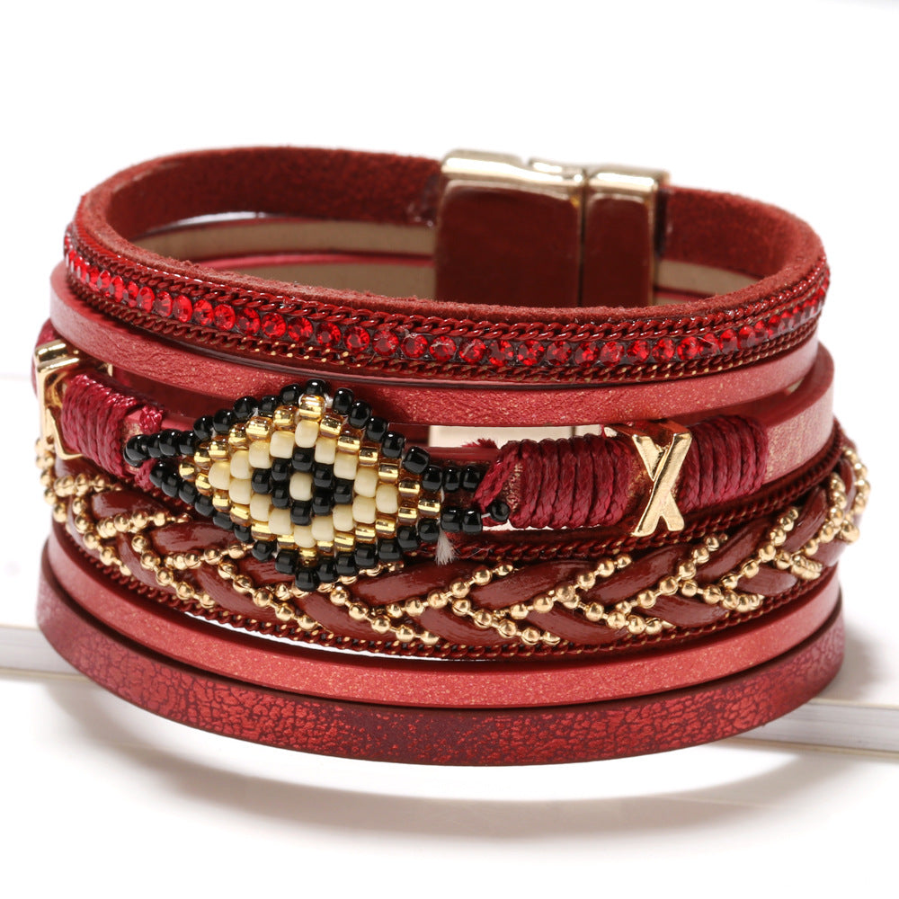 Mystic Eye: Mehrlagiges Lederarmband mit Strass & Schutzsymbol