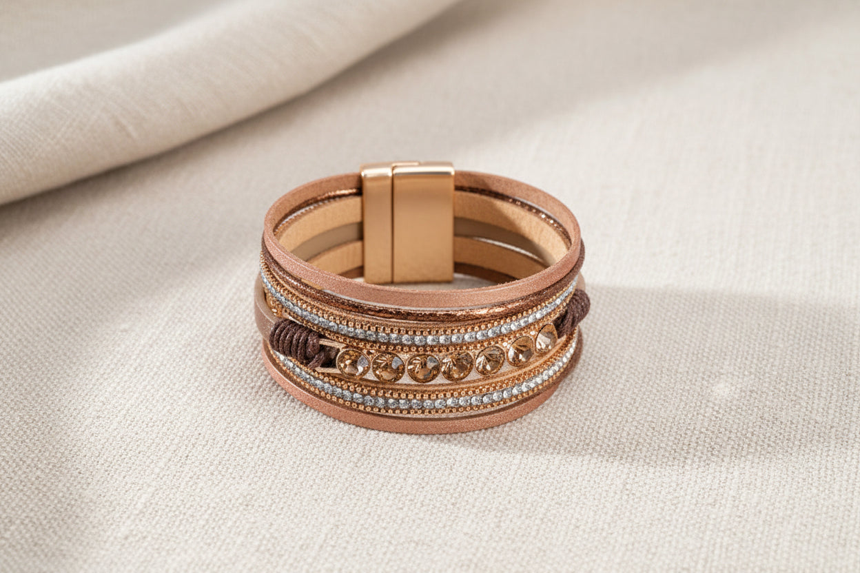 Crystal Layer: Mehrlagiges Boho-Lederarmband mit Metallbesatz