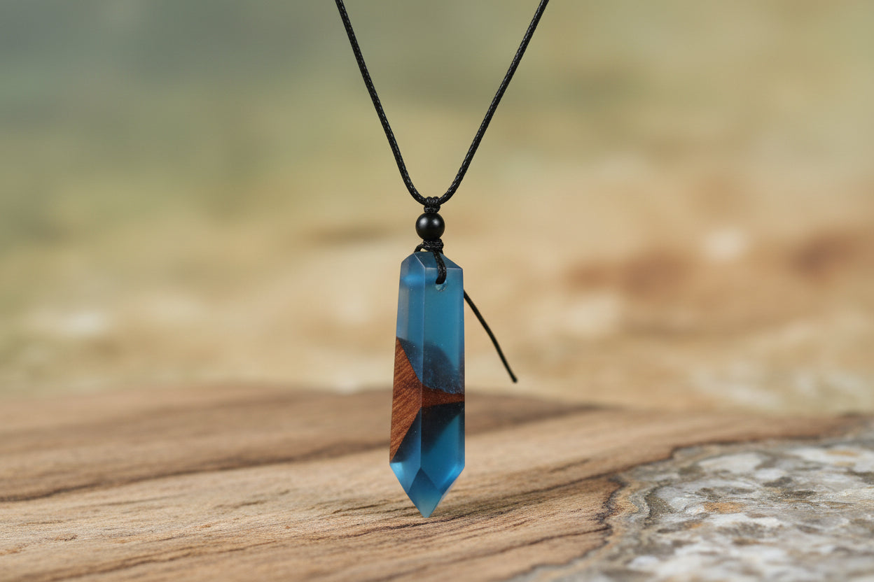 Crystal Tide – Handgefertigtes Holz & Resin Amulett