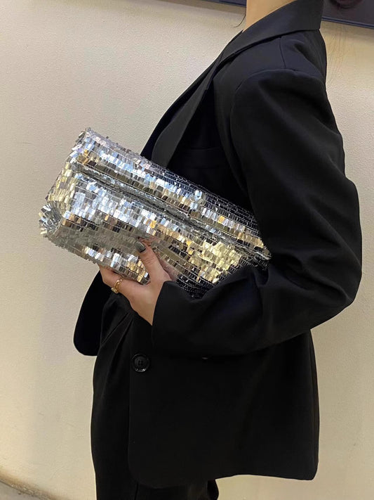 Mirror Disco – Pailletten-Clutch & Festival-Bag in Silber/Schwarz