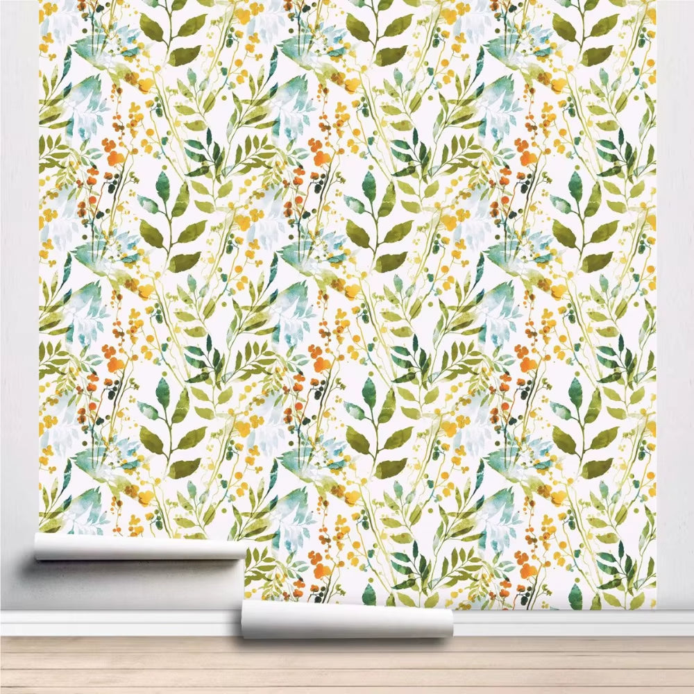 Handgezeichnete Boho Frühlings-Wasserfarben Tapete – Abstrakte Kräuter-Prints für Wohnzimmer und Schlafzimmer