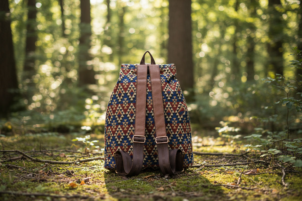 Ethnic Soul: Vintage Boho-Rucksack mit kunstvollem Webmuster & PU-Leder Details