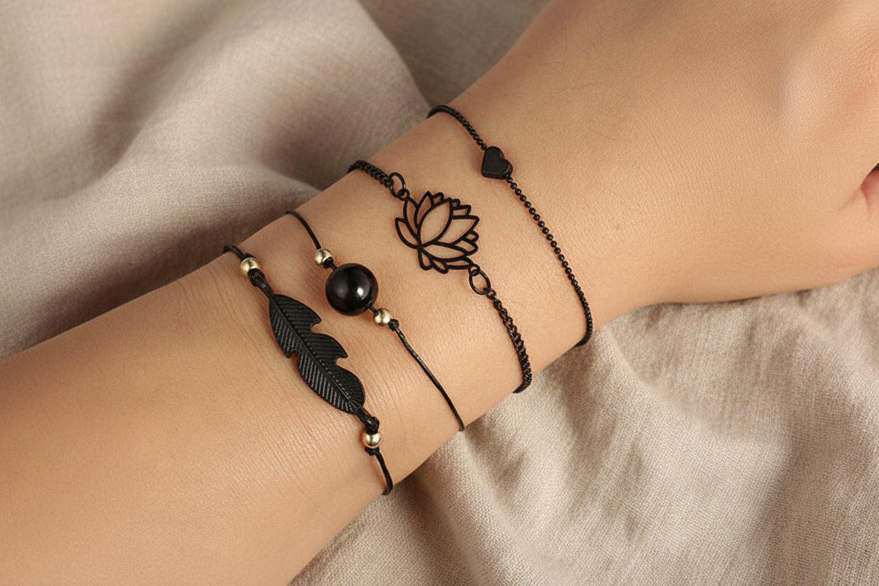 Boho-Armband-Set „Black Soul“ – 4-teiliges Layering-Set
