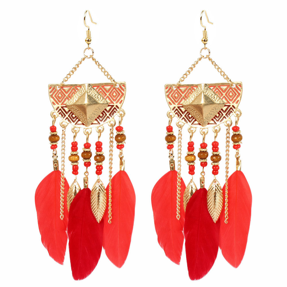 Bohemian Earrings Vintage Long Tassel Feather Earrings Exaggerated Semicircle Geometric Earrings