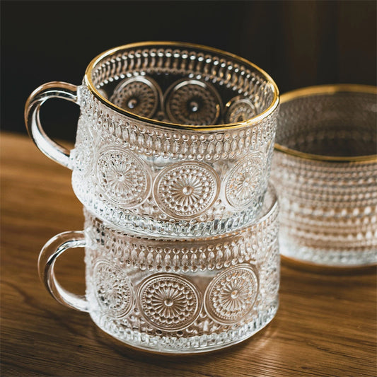 Sun Flower Embossed Glass Milk Cups