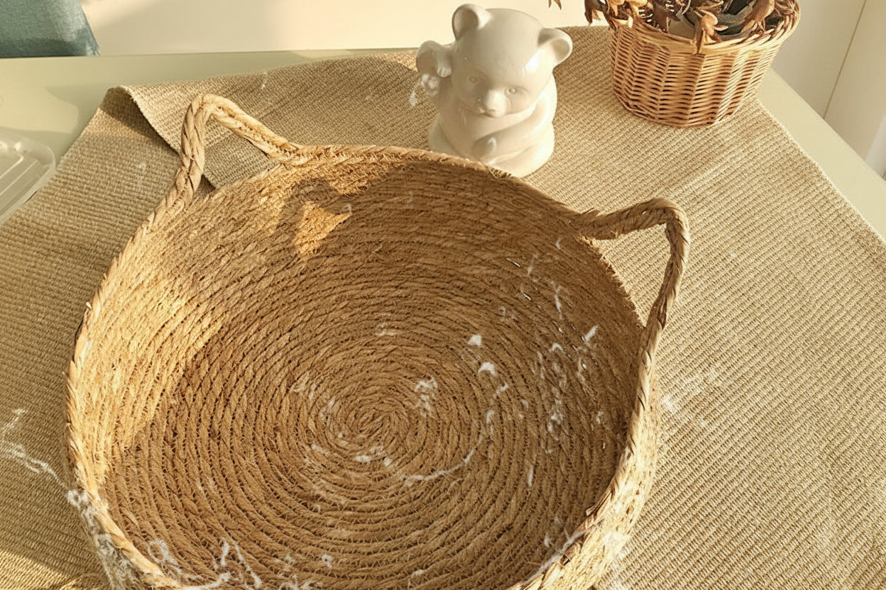 Vier Jahreszeiten Katzenkorb aus Rattan – Kuscheliges Nest & cleveres Kratzbrett für alle Abenteuer mit abnehmbarem, waschbarem Kissen