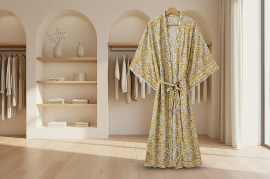 Golden Solstice: Langer Baumwoll-Kimono mit floralem Print & Holiday-Vibe