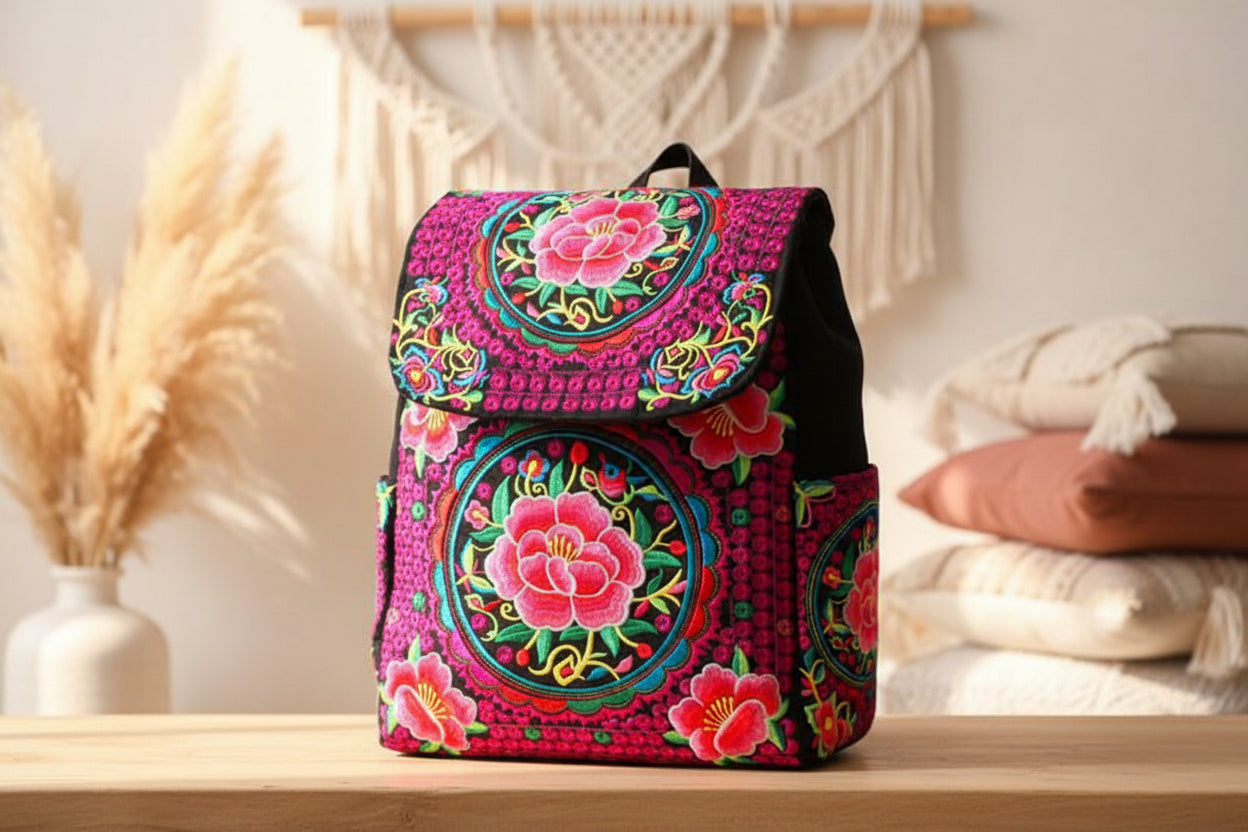 Midnight Blossom – Bestickter Vintage-Rucksack aus Baumwoll-Segeltuch