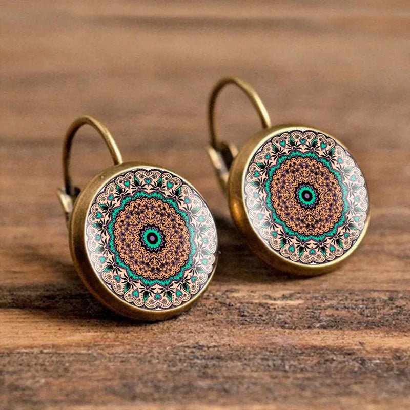 Charm Henna Yoga Amulet Ladies Earrings round Glass Cabochon Earings Jewelry Bohemian Mandala Earrings for Women