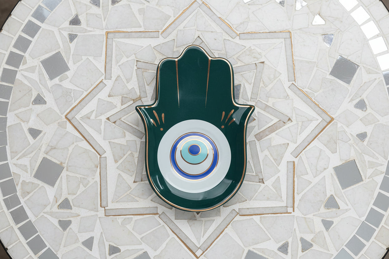 Hamsa Hand Dekoschale Schwarz & Gold – Schutzsymbol "Auge" als Schmuckablage für dein Boho-Home