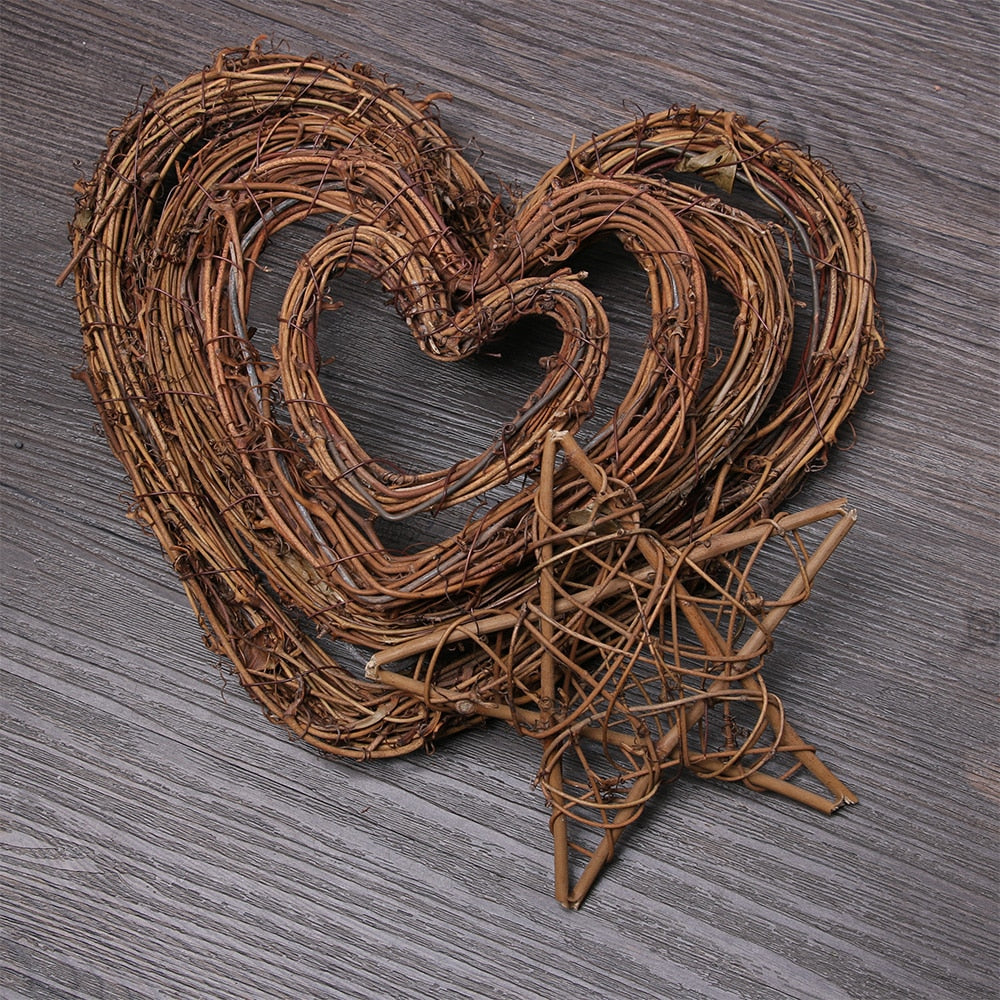 1PC Heart & Star Pattern Christmas Rattan Ring Natural Rattan Festive Shop Window Door Hanging Wreaths Home Party Decor
