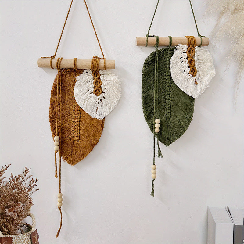 Makramee-Wandbehang „Duo-Blatt“ mit Holzperlen