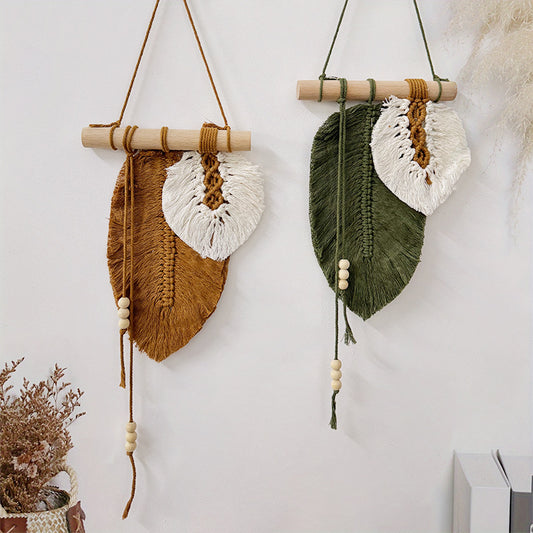 Makramee-Wandbehang „Duo-Blatt“ mit Holzperlen