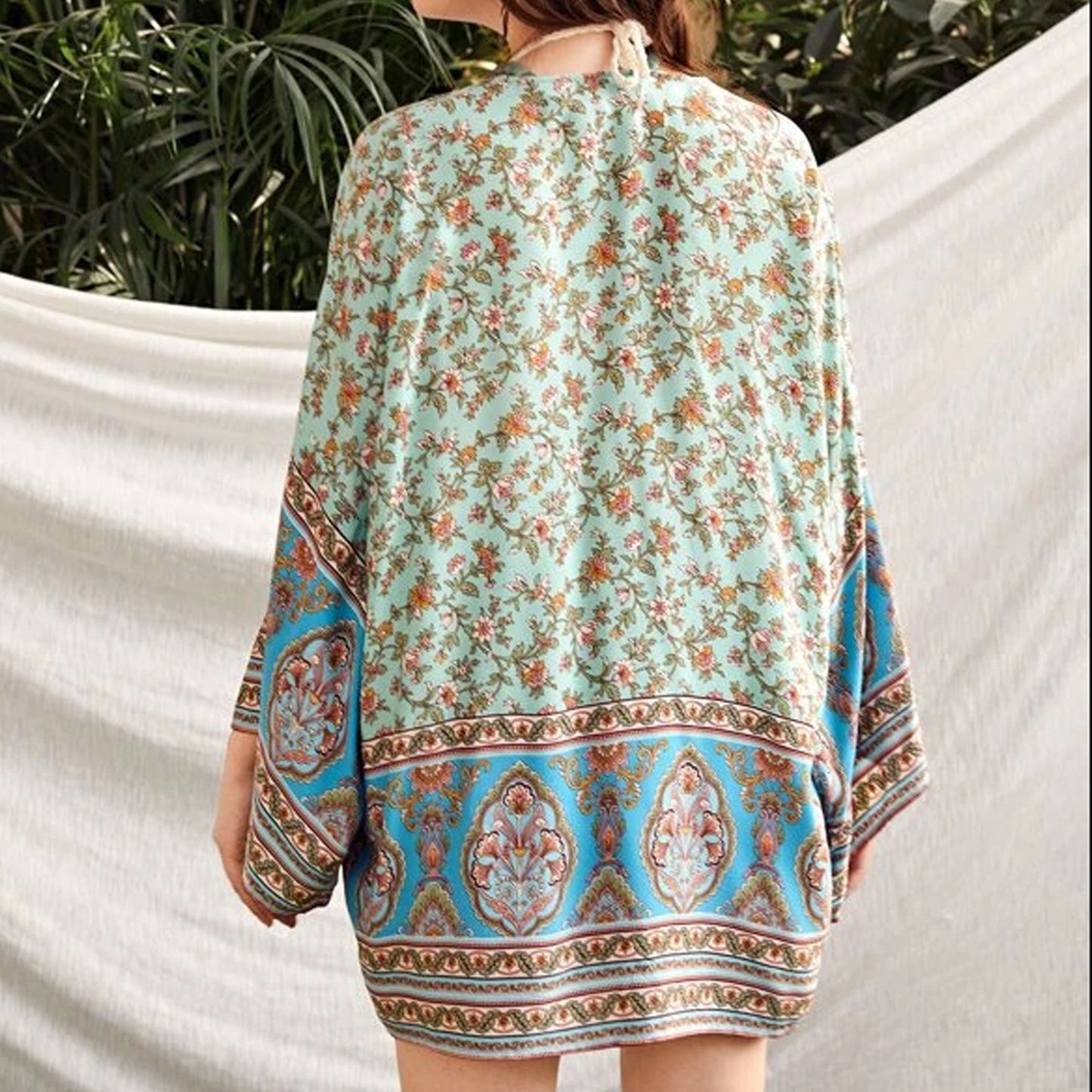 Aurora Breeze: Leichter Baumwoll-Kimono mit Ethno-Print & Dreiviertel-Ärmel