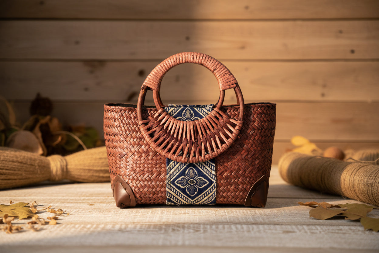 Thai Heritage: Handgeflochtene Boho-Tasche aus Naturfasern mit Ethno-Details