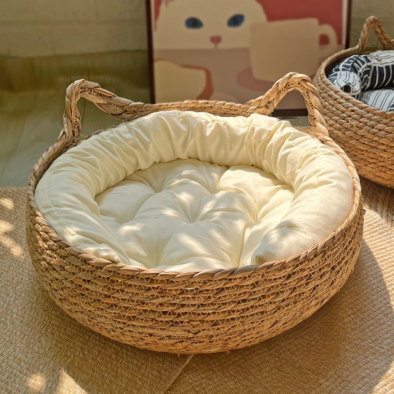 Vier Jahreszeiten Katzenkorb aus Rattan – Kuscheliges Nest & cleveres Kratzbrett für alle Abenteuer mit abnehmbarem, waschbarem Kissen