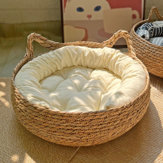 Vier Jahreszeiten Katzenkorb aus Rattan – Kuscheliges Nest & cleveres Kratzbrett für alle Abenteuer mit abnehmbarem, waschbarem Kissen
