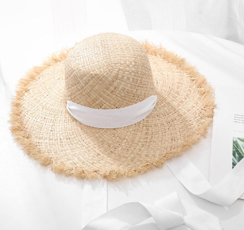 Lafite Strohhut mit breiter Krempe – Eleganter XL-Sonnenhut aus Naturgras mit Kontrastband für Strand & Urlaub