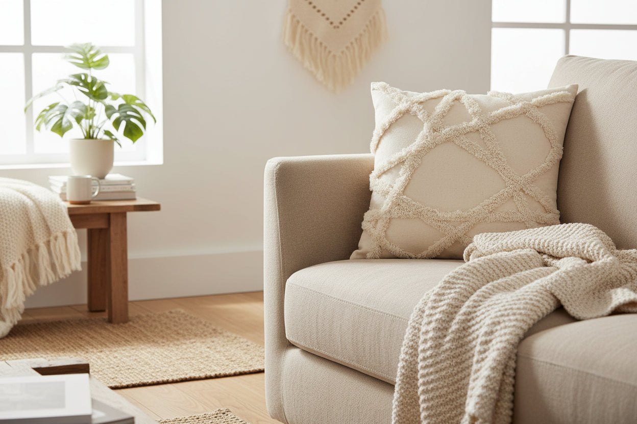 Creamy Texture – Boho-Kissenbezug mit Quasten-Details