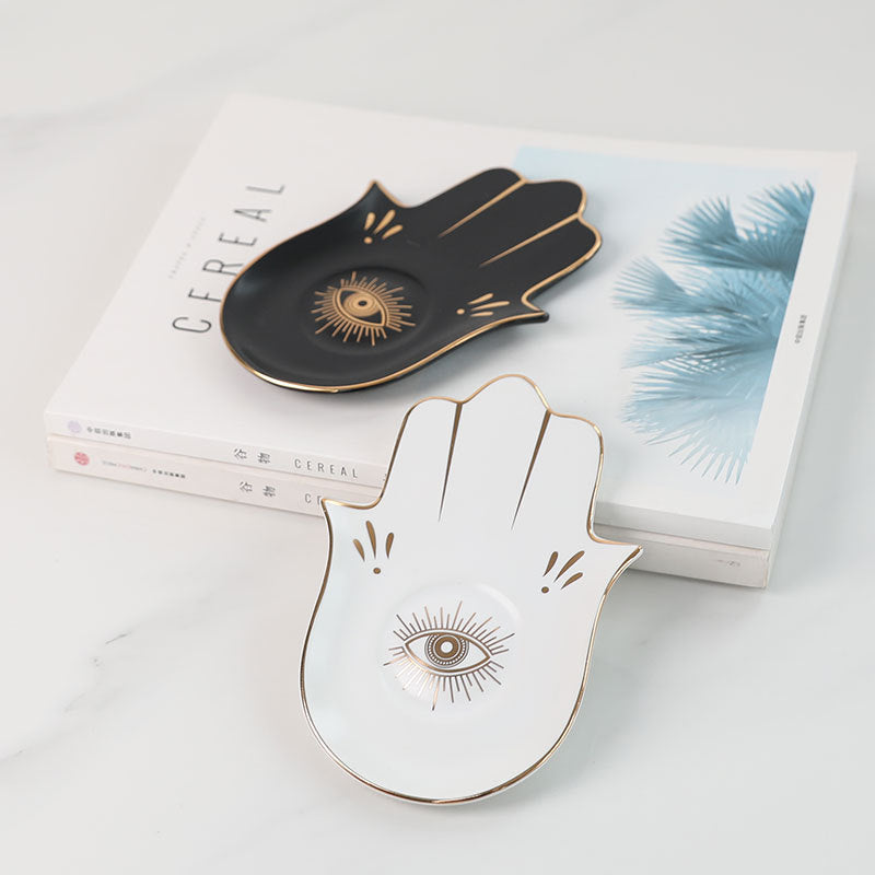 Hamsa Hand Dekoschale Schwarz & Gold – Schutzsymbol "Auge" als Schmuckablage für dein Boho-Home