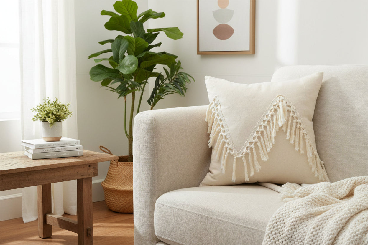 Creamy Texture – Boho-Kissenbezug mit Quasten-Details