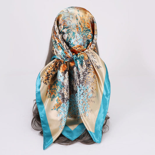 Großes Satin-Kopftuch mit Floral-Print – Quadratisches Seidengefühl-Halstuch & Boho-Haarschutz (90 x 90 cm)