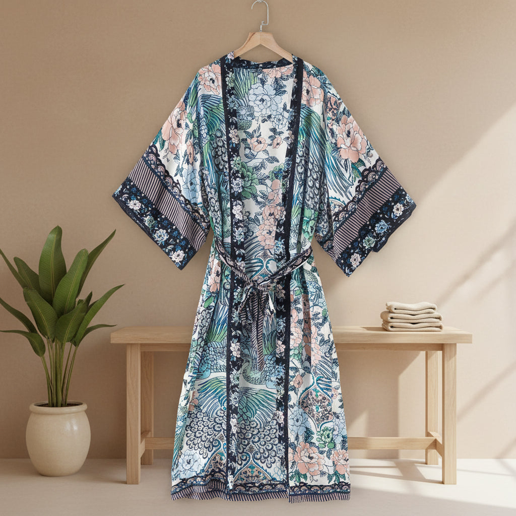 Crane Serenity: Bohemian Kimono-Robe mit kunstvollem Kranich-Print