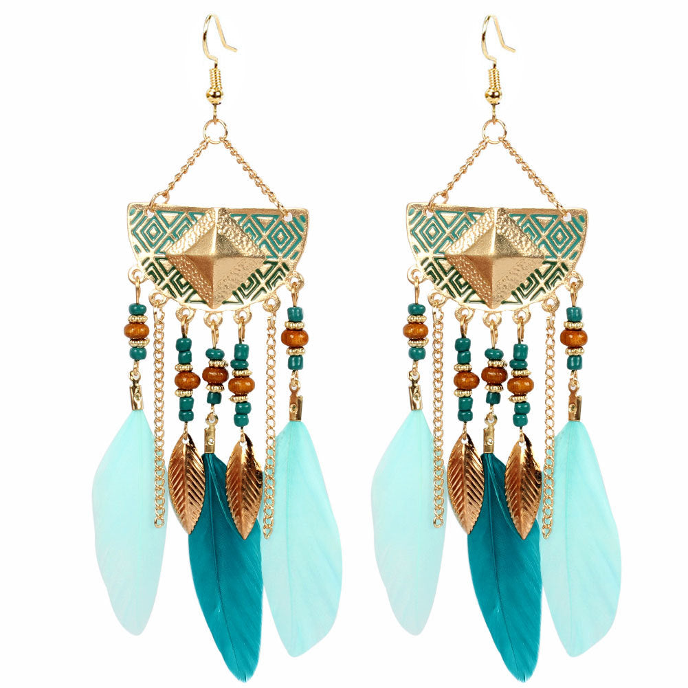 Bohemian Earrings Vintage Long Tassel Feather Earrings Exaggerated Semicircle Geometric Earrings