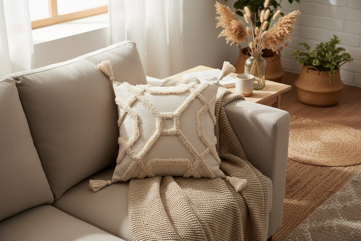 Creamy Texture – Boho-Kissenbezug mit Quasten-Details