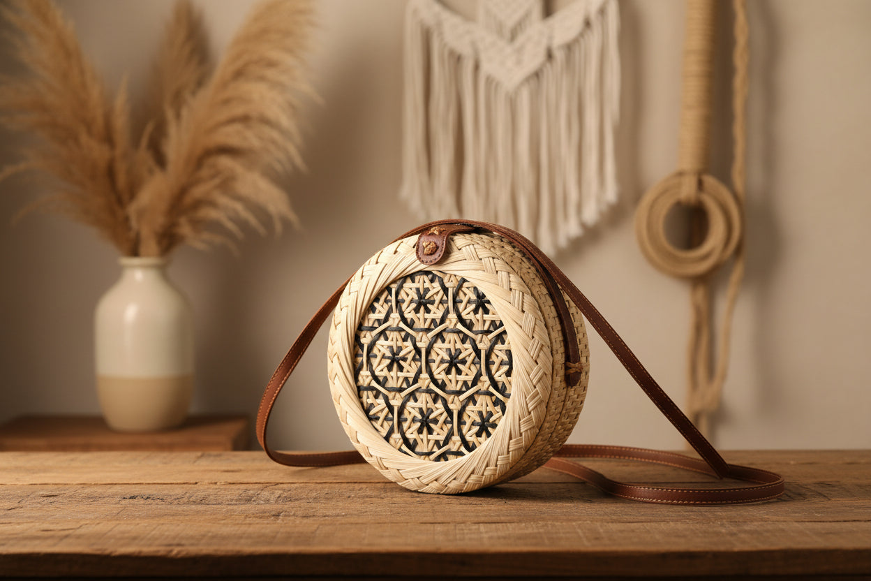 Boho-Strohtasche „Sun-Circle“ – Handgeflochtene Rundtasche