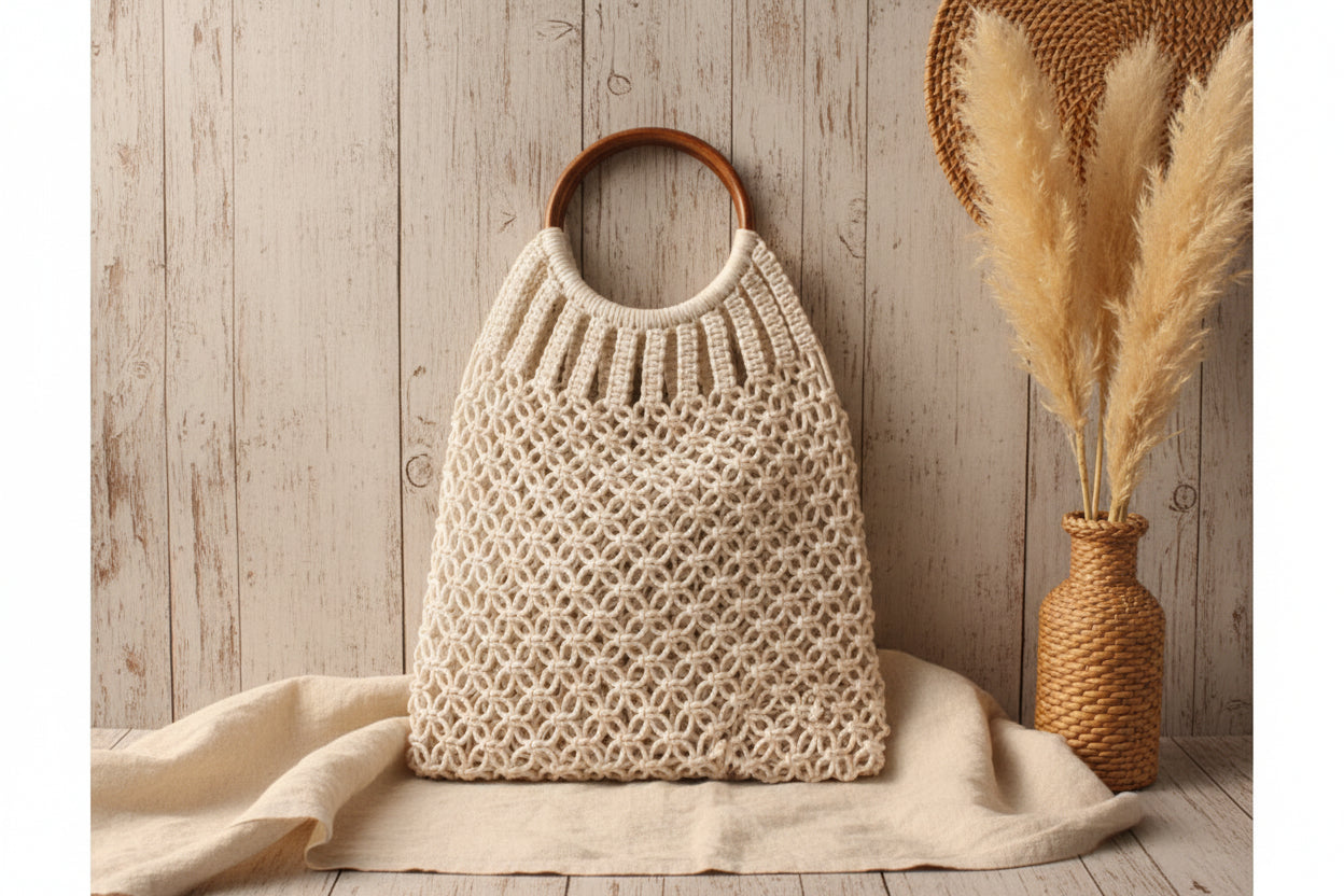 Ocean Net Tote: Handgeknüpfte Baumwolltasche mit Echtholz-Griffen