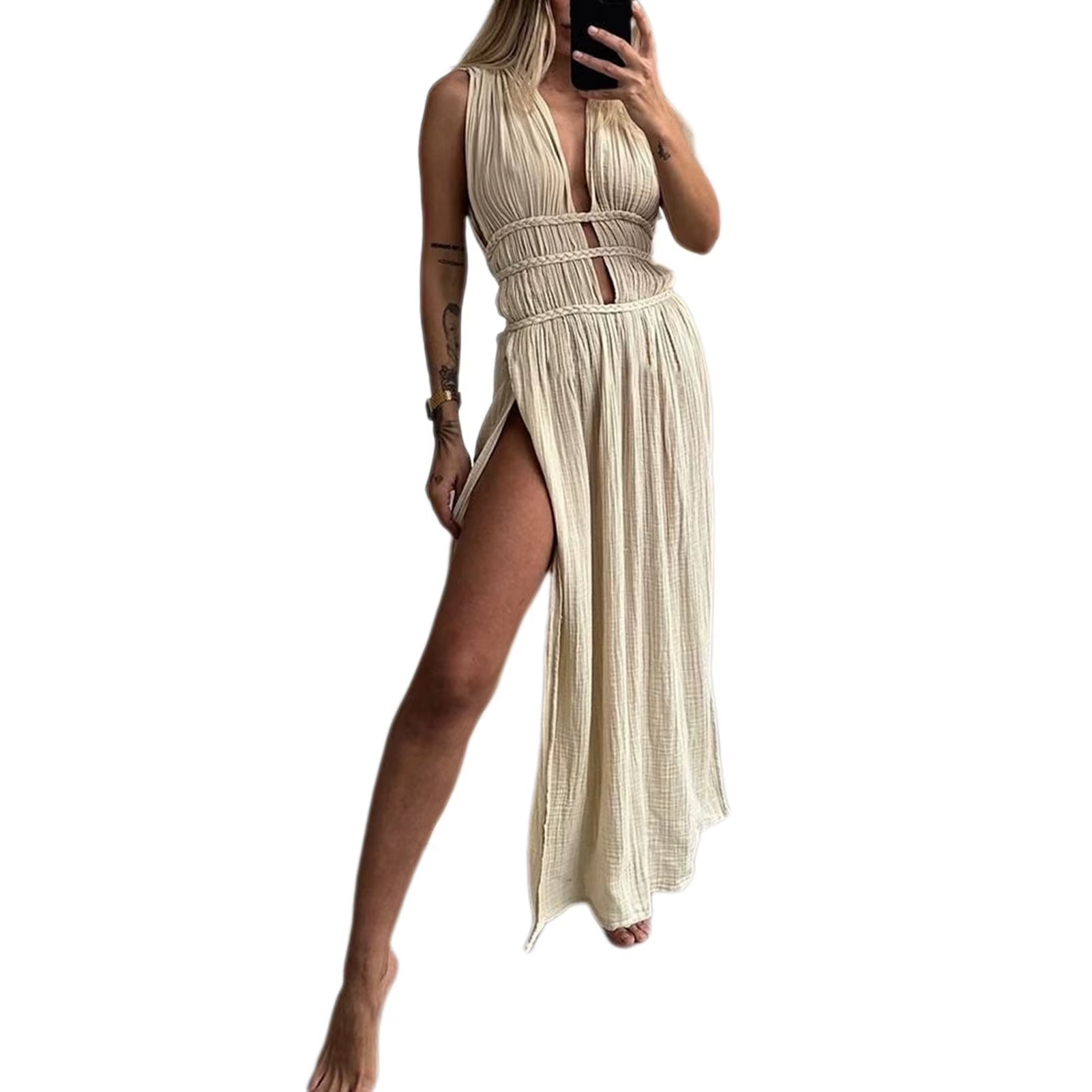 Boho-Chic: Elegantes Off-Shoulder Maxi-Kleid mit Geflochtenen Trägern für den Strand