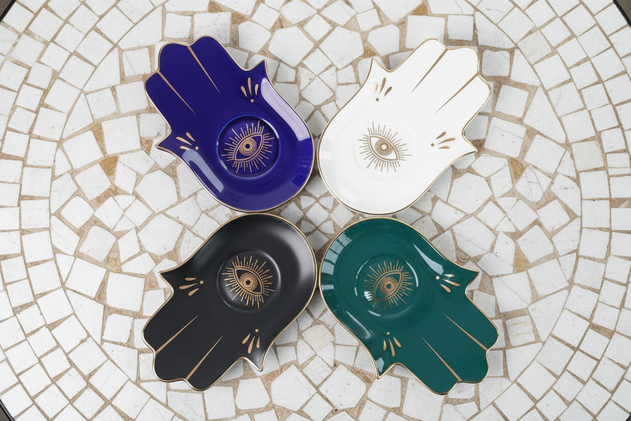 Hamsa Hand Dekoschale Schwarz & Gold – Schutzsymbol "Auge" als Schmuckablage für dein Boho-Home
