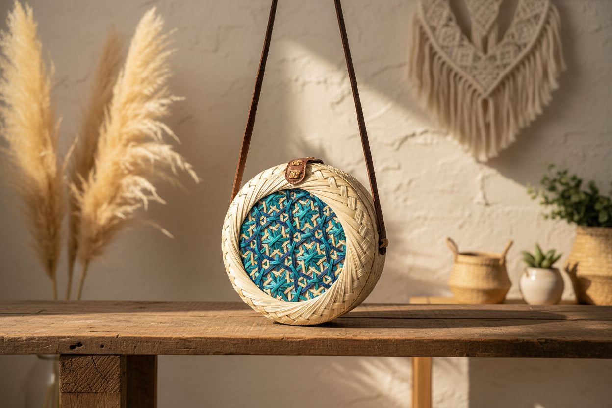 Boho-Strohtasche „Sun-Circle“ – Handgeflochtene Rundtasche